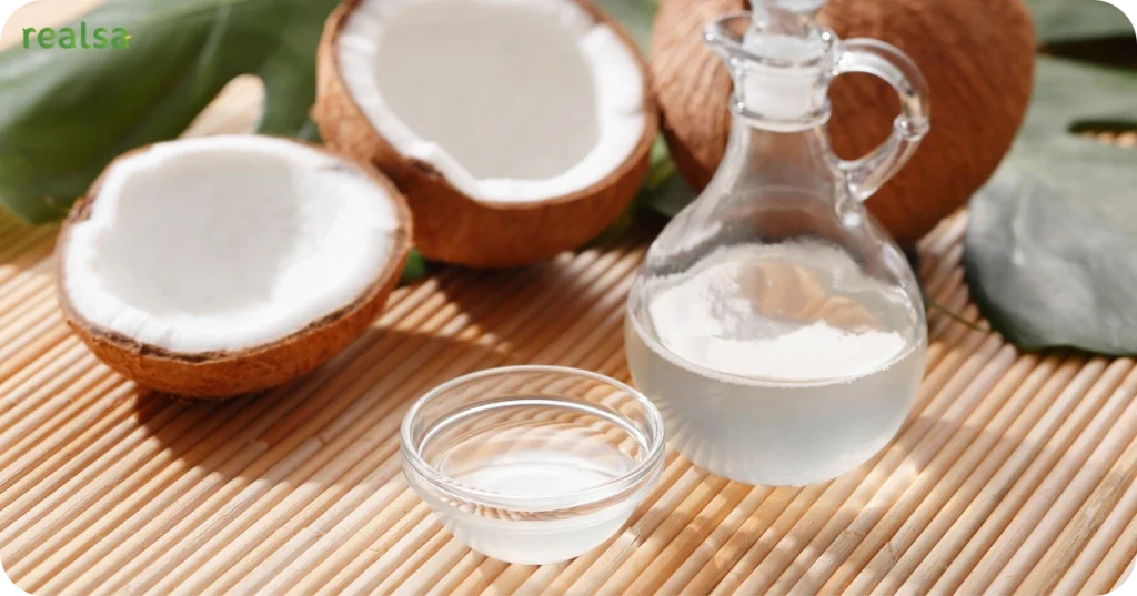 Crystal clear cold-pressed VCO displayed with fresh halved coconuts on a bamboo mat