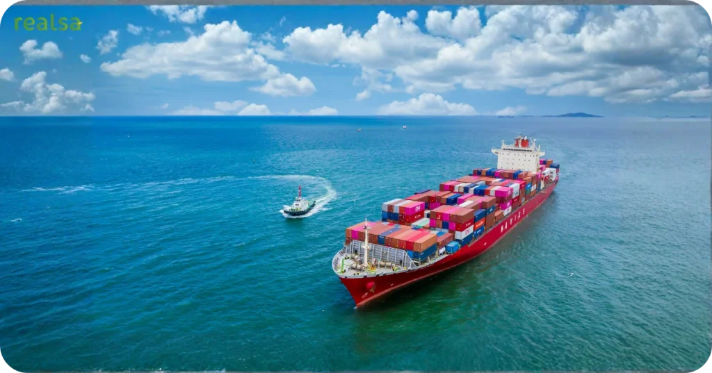 Aerial view of a red container ship navigating the open ocean, representing global export capabilities and international shipping.