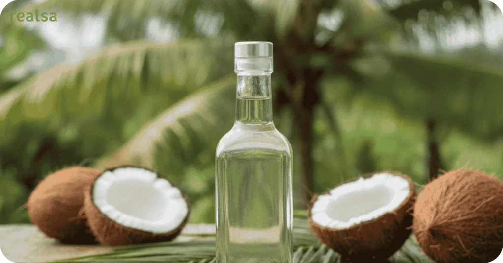 A bottle of virgin coconut oil with whole and halved coconuts on palm leaves, set in a tropical background.