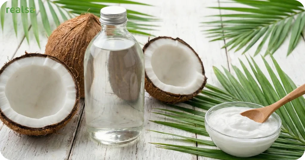 A tropical arrangement of coconuts, indonesian virgin coconut oil, and coconut cream on a white wooden surface with palm leaves.