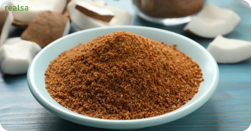 Fine-textured brown sweetener in a bowl, illustrating the consistent granulation required for bulk manufacturing ingredients.