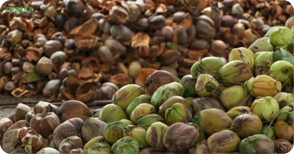 Large stockpile of green and brown coconuts ready for husking and extraction, supporting bulk manufacturing needs.
