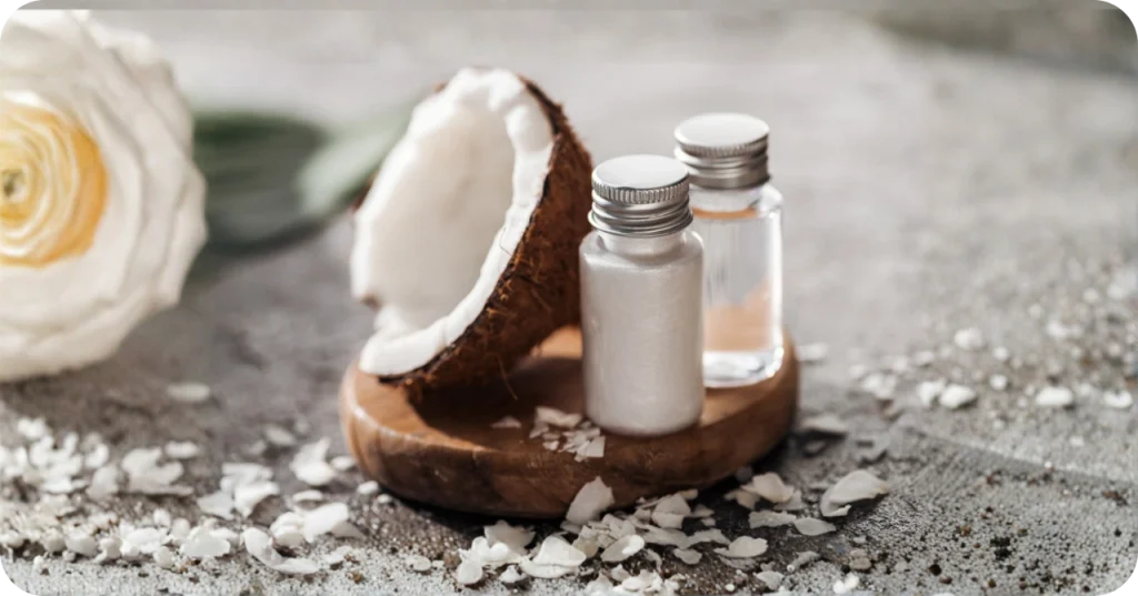 A display of solidified and liquid coconut oil bottles with dried coconut meat, illustrating the diverse textures resulting from natural production methods.