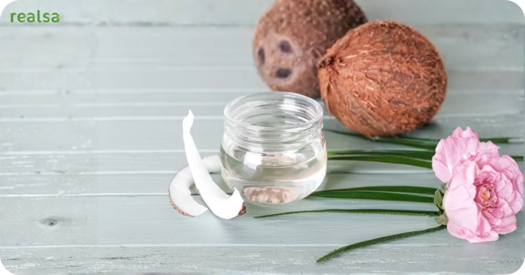 High-quality Indonesian VCO displayed in a clear jar next to whole coconuts and a pink flower, demonstrating purity and freshness.