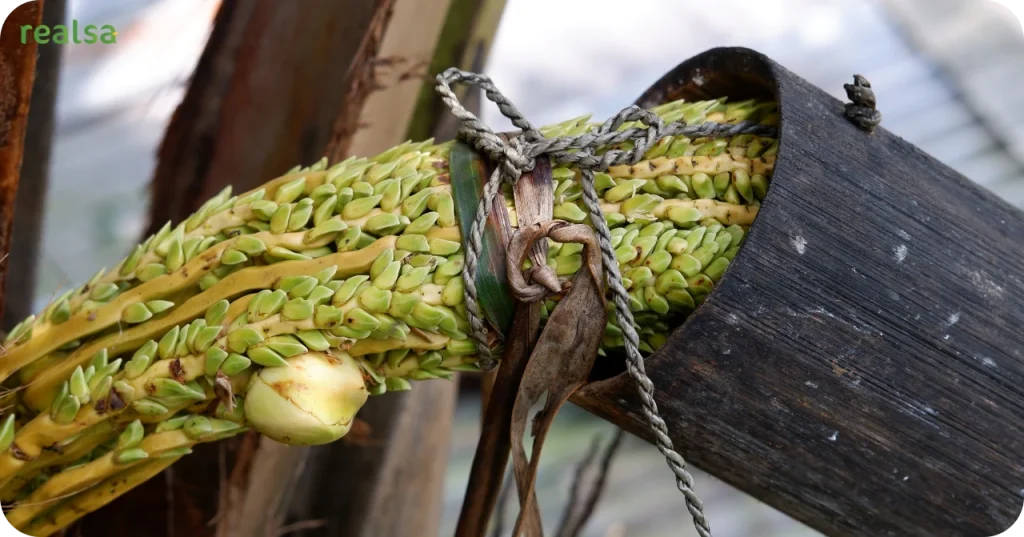 Close-up of a coconut flower spike tied for tapping, dripping nectar into a bamboo tube to create organic sugar.