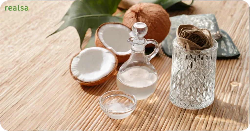 Glass pitcher of pure coconut oil on a bamboo mat, symbolizing the premium inventory ready for global supply and export.