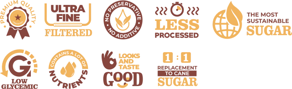 A series of infographic icons highlighting the benefits of natural coconut sugar and arenga sugar, including ultra-filtered purity, low processing, and sustainable sourcing.