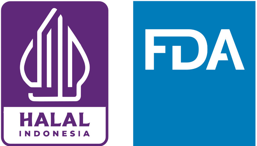 Regulatory certification badges including Halal and FDA, ensuring international safety standards for natural coconut sugar and arenga sugar.
