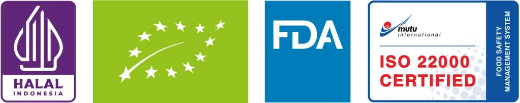 International food safety and quality certification logos, including EU Organic, FDA, Halal, and ISO 22000, ensuring the purity of our premium organic coconut sugar.