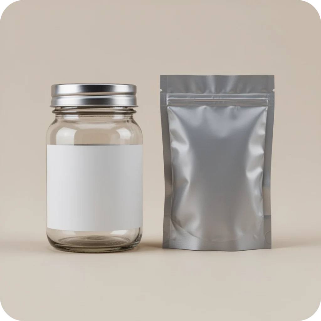 A minimalist packaging mockup featuring an unbranded glass jar and a blank silver pouch, ideal for showcasing private label product options.