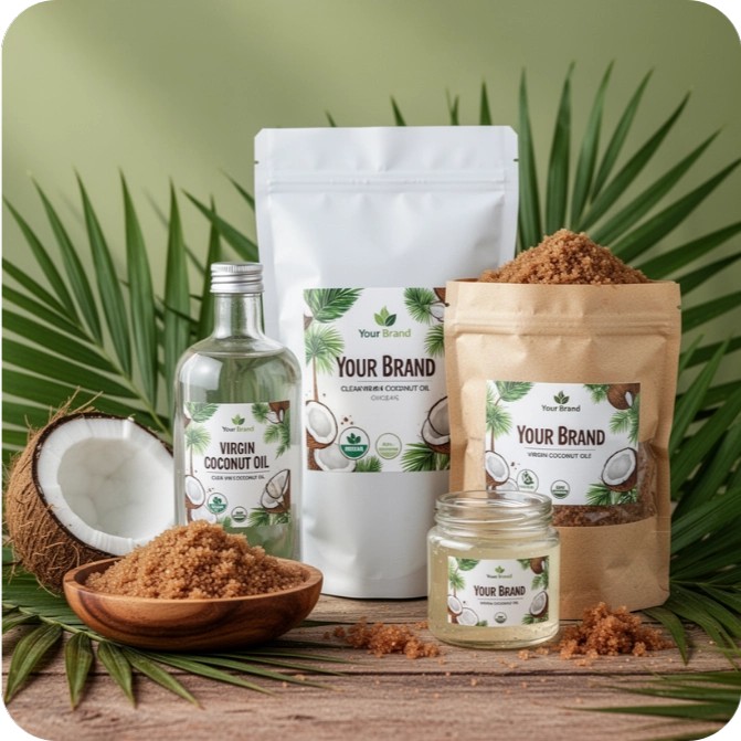 A professional lineup of unbranded organic coconut ingredients on a wooden surface, showcasing high-quality private label packaging options.
