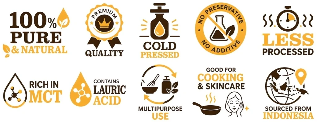 An infographic display of ten circular product badges with golden and brown icons and text on a black background, detailing the attributes and benefits of premium virgin coconut oil, including cold-pressed quality, rich MCT content, and suitability for cooking and skincare.