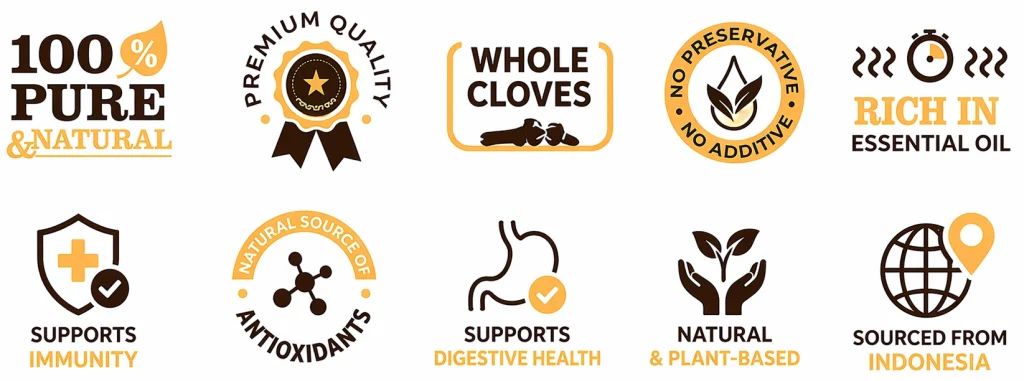 A professional clove product facts infographic featuring icons for 100% pure and natural quality, whole cloves, essential oil richness, and health benefits including immunity and digestive support.