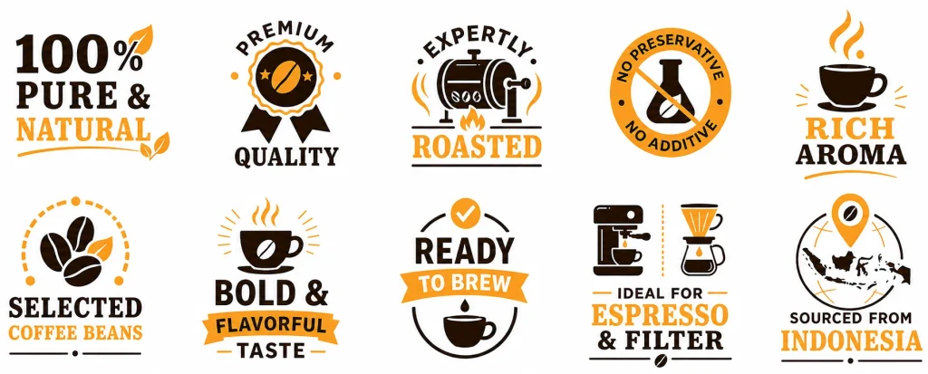 A professional product facts infographic featuring ten orange and dark brown icons on a white background, detailing the qualities of premium roasted coffee beans, including 'Expertly Roasted', 'Bold & Flavorful Taste', and 'Sourced from Indonesia'