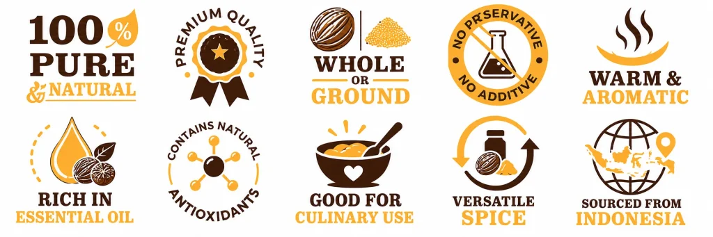 A professional infographic display of ten orange and dark brown product fact badges for nutmeg, highlighting its 100% pure quality, availability as whole or ground, and its origin in Indonesia.