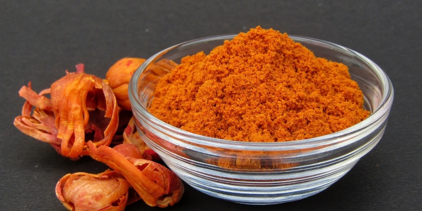 A clear glass bowl containing finely ground orange-red mace powder, with whole, dried mace arils scattered next to it on a dark gray surface.