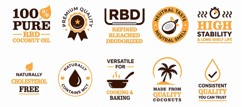 RBD coconut oil product facts: 100% pure, refined bleached deodorized, neutral taste, high stability, cholesterol free